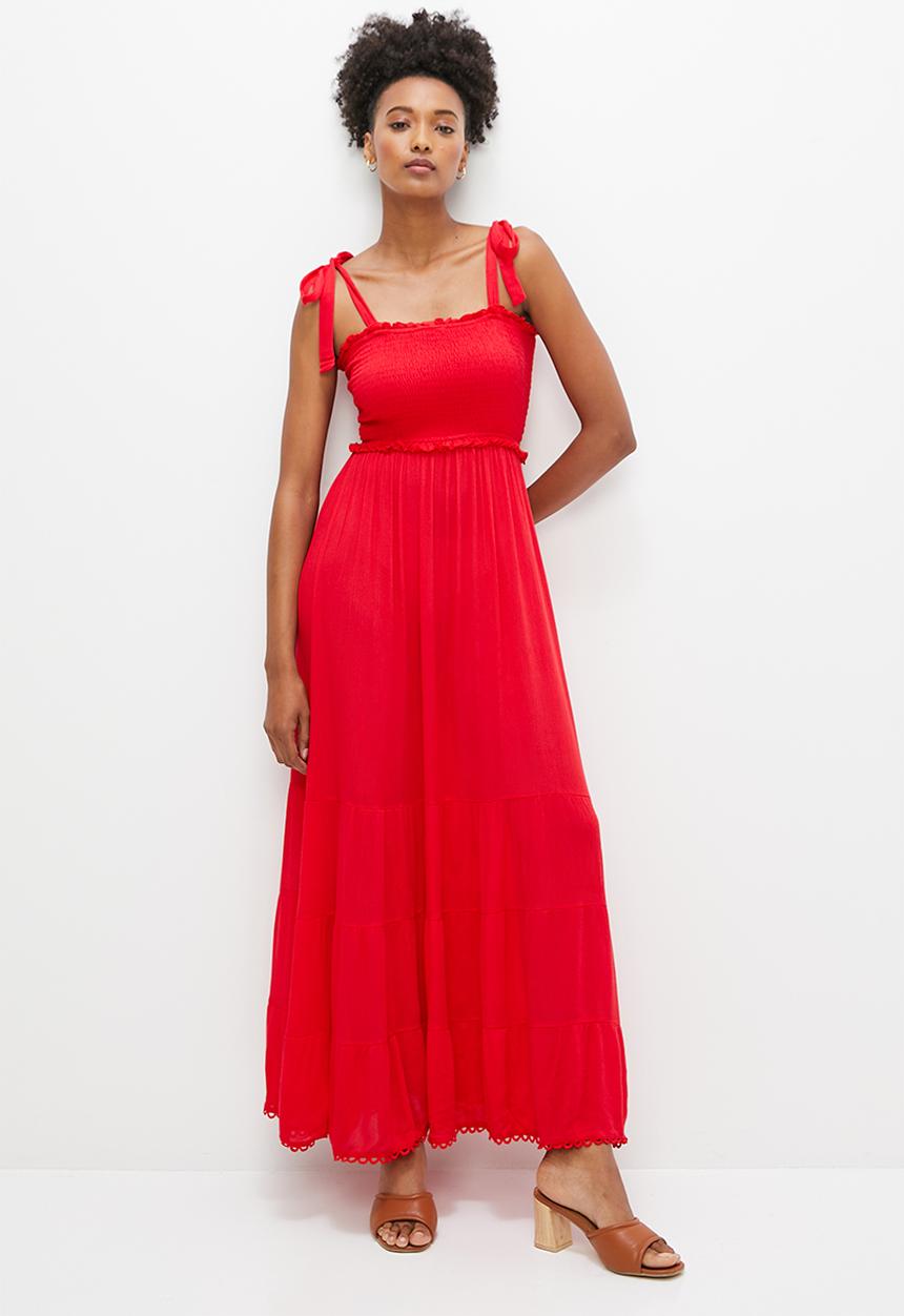 edit - Crinkle smocked tiered maxi dress - red