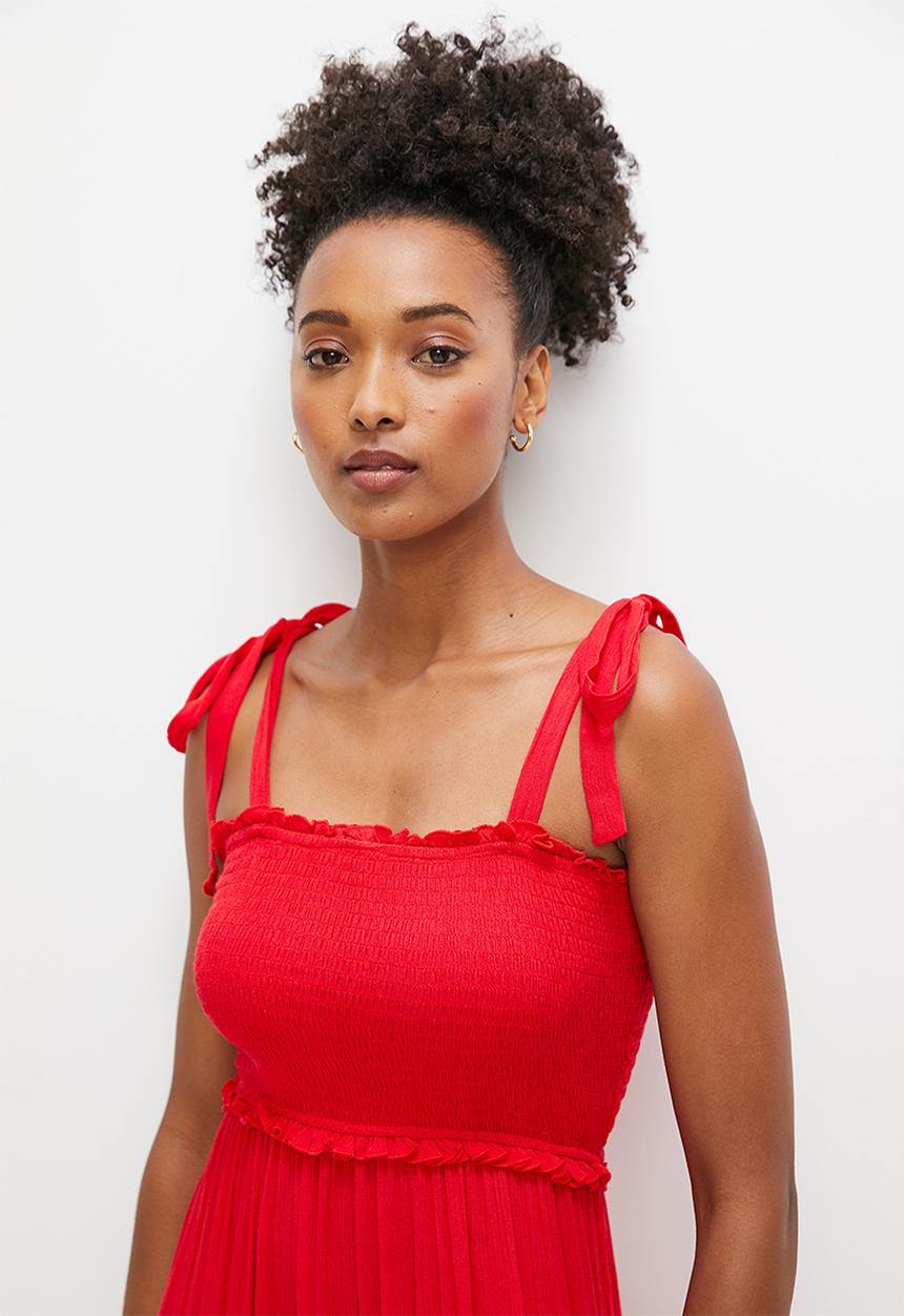 edit - Crinkle smocked tiered maxi dress - red