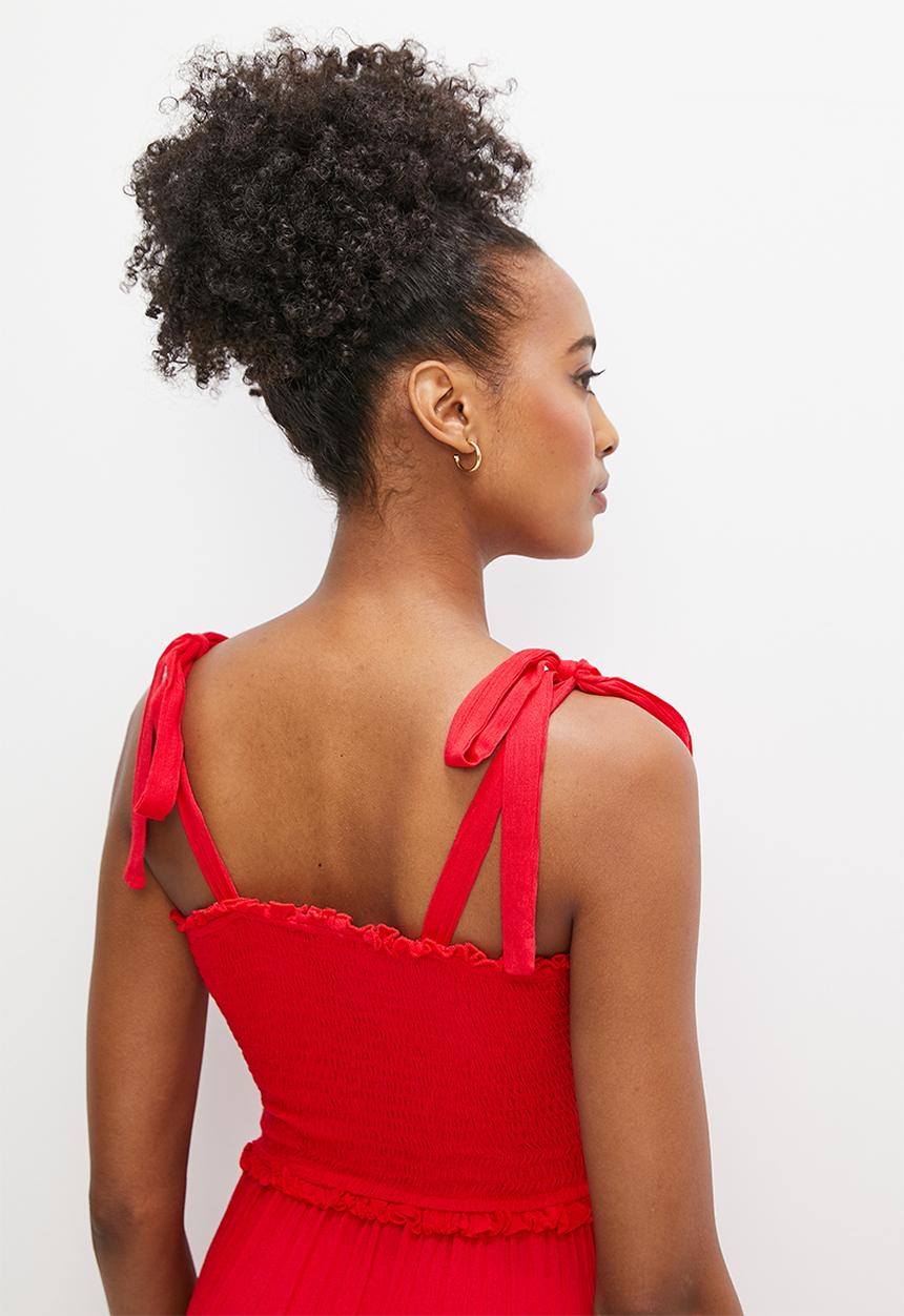 edit - Crinkle smocked tiered maxi dress - red