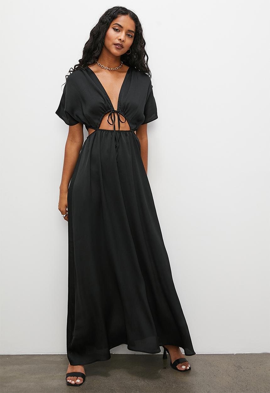 VELVET - Grecian drawstring detail textured satin maxi dress - black
