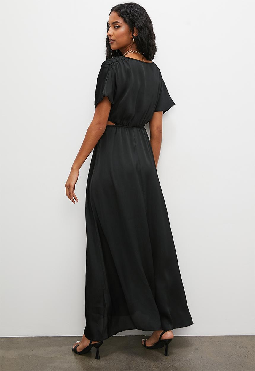 VELVET - Grecian drawstring detail textured satin maxi dress - black