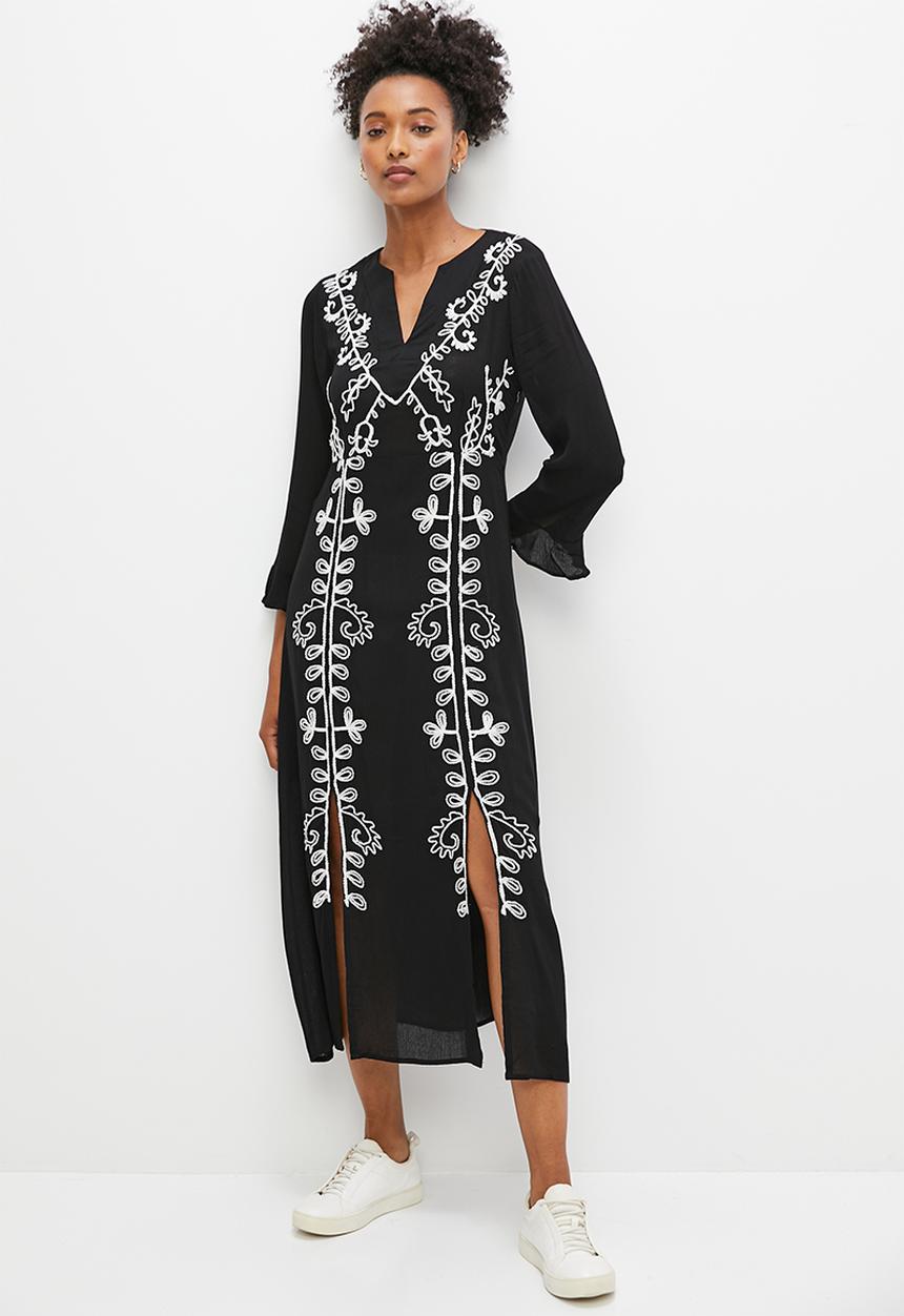 edit - Embroidered boho kaftan dress - black