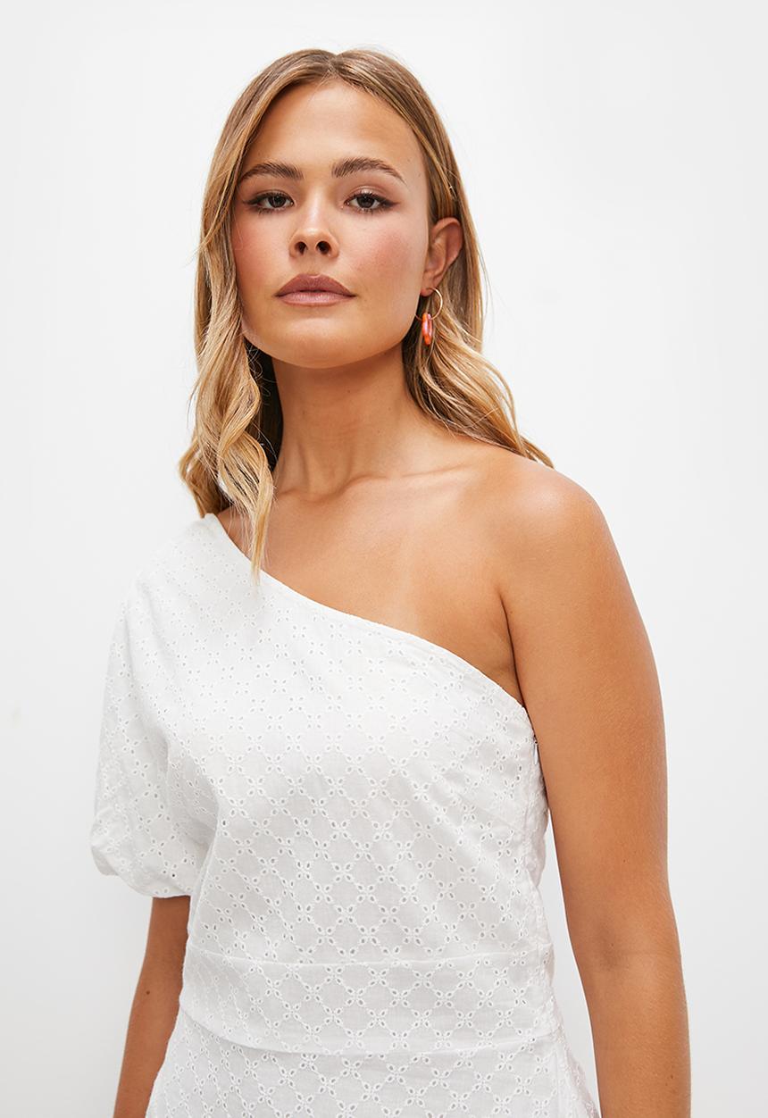 Blake - Asym anglaise mini dress - white