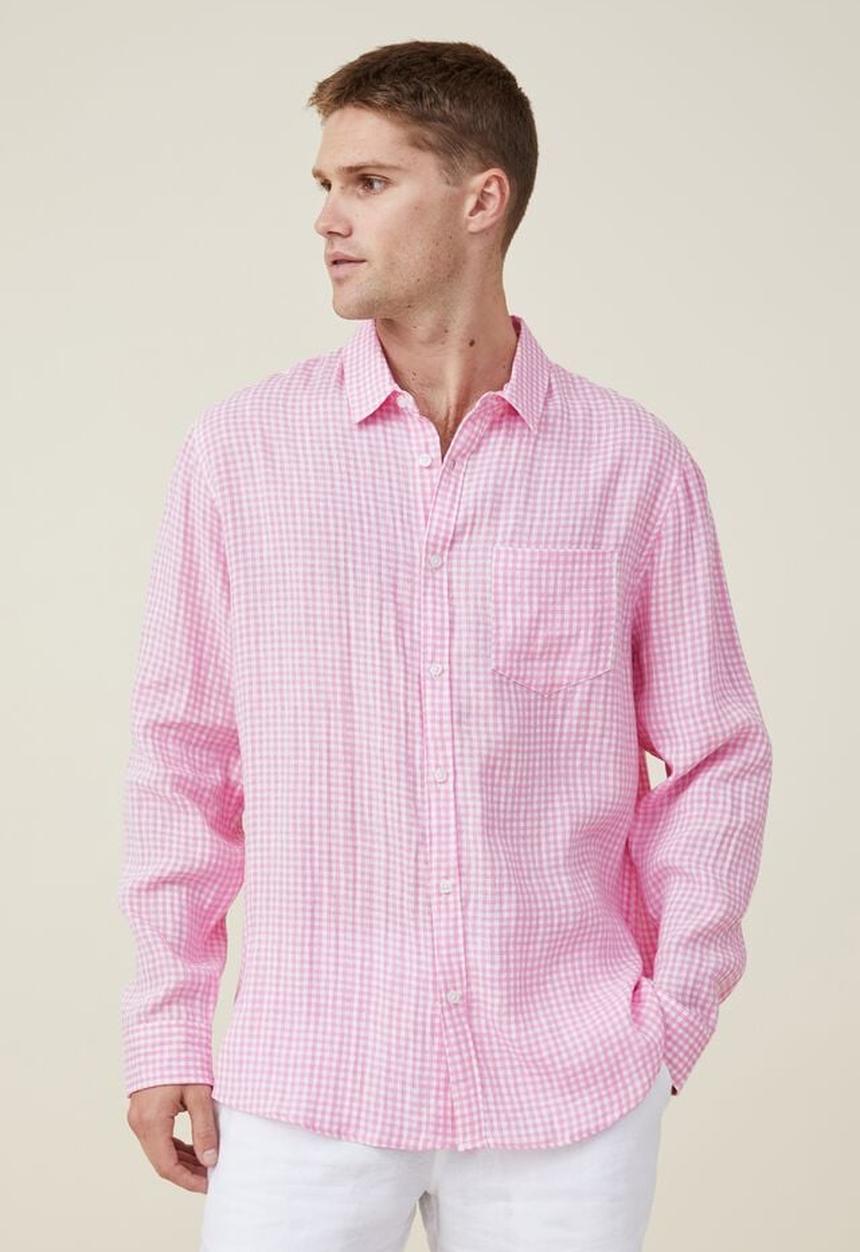 Cotton On - Linen long sleeve shirt - hot pink gingham