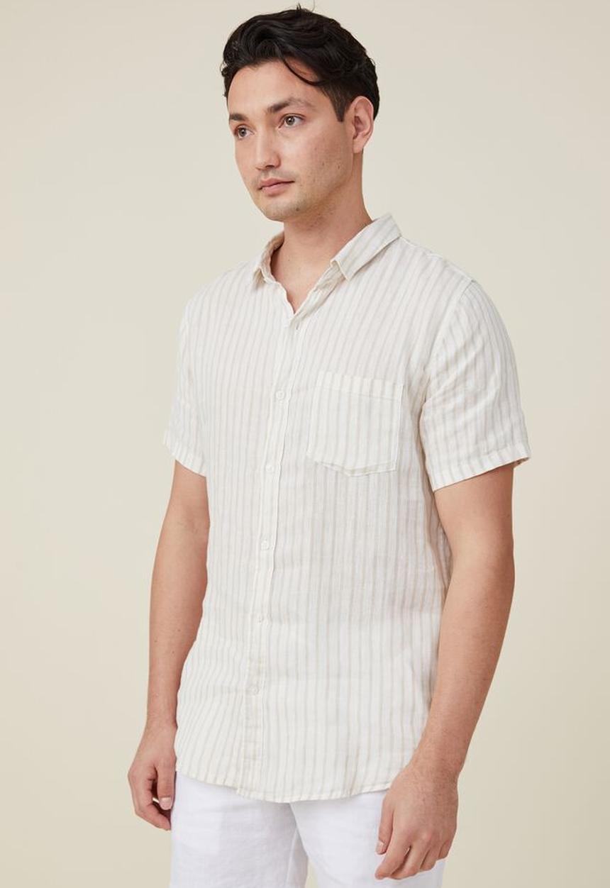 Cotton On - Linen short sleeve shirt - sand stripe