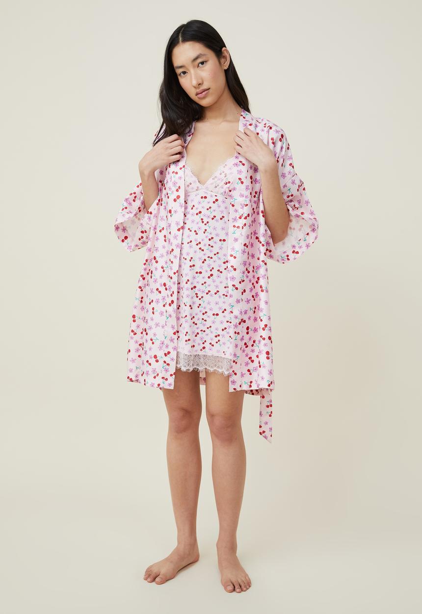 Cotton On - Satin robe - cherry floral pink