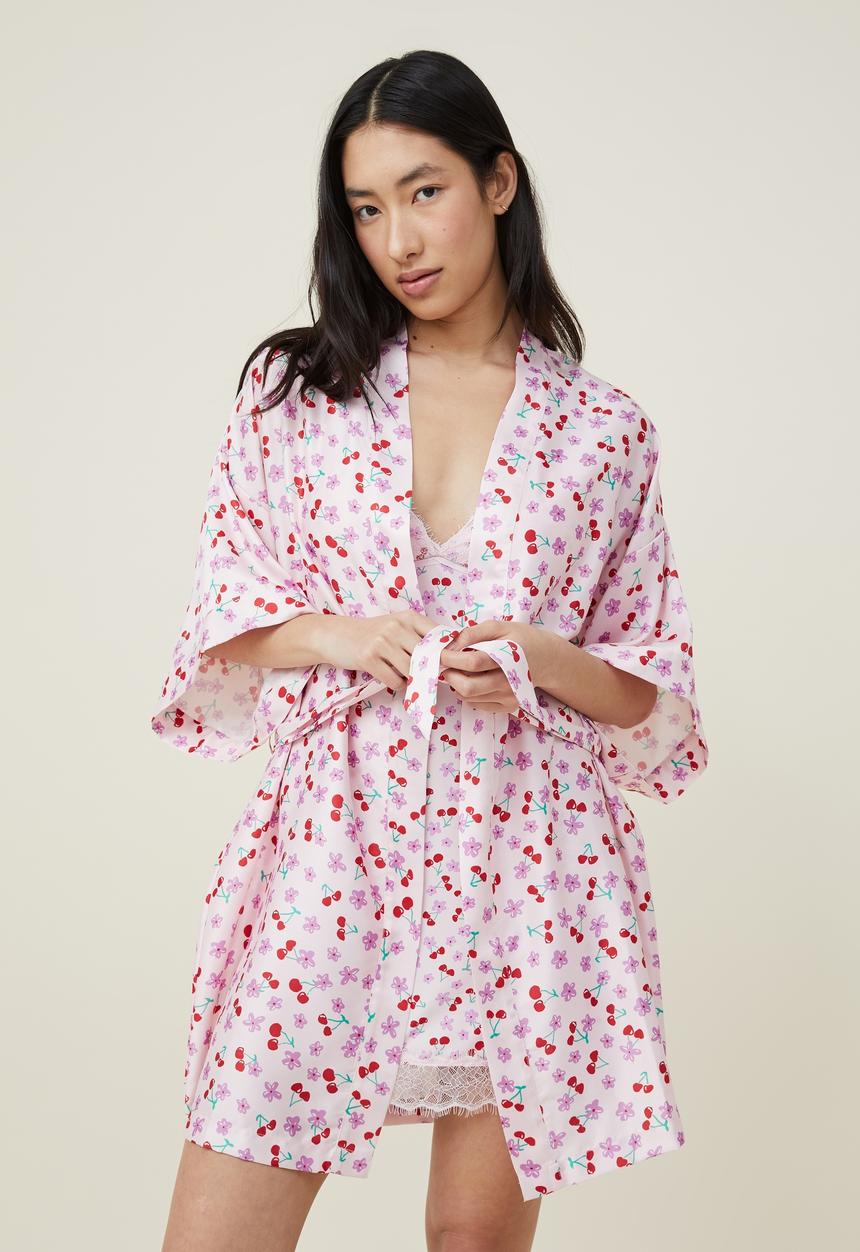 Cotton On - Satin robe - cherry floral pink