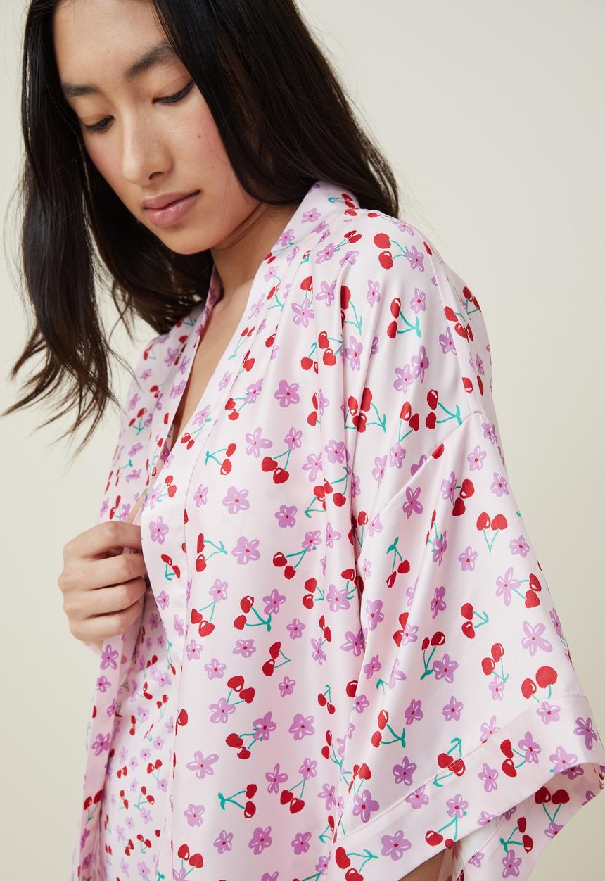 Cotton On - Satin robe - cherry floral pink