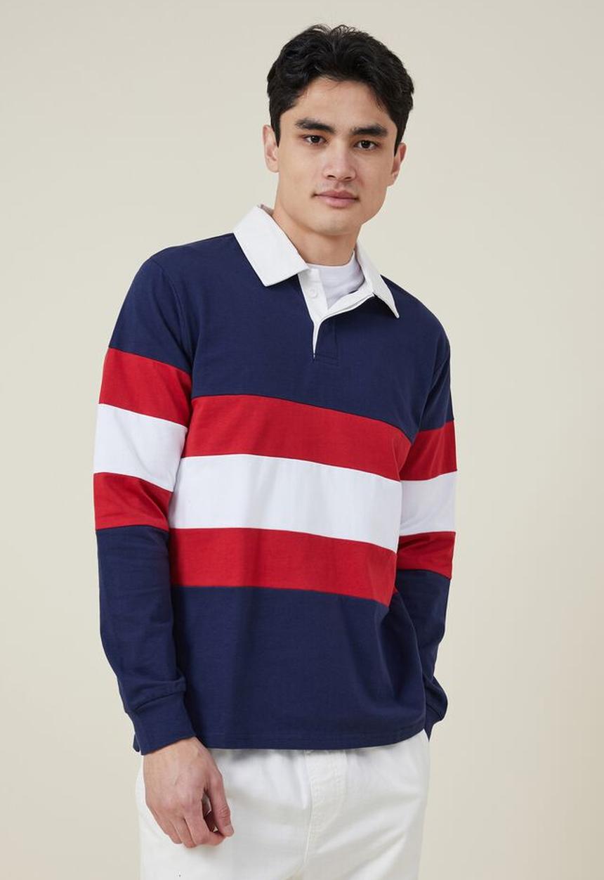 Cotton On - Rugby long sleeve polo - indigo tri stripe