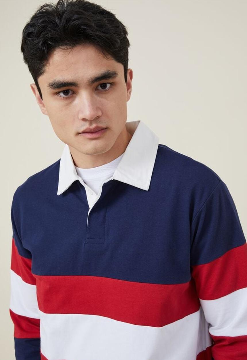 Cotton On - Rugby long sleeve polo - indigo tri stripe