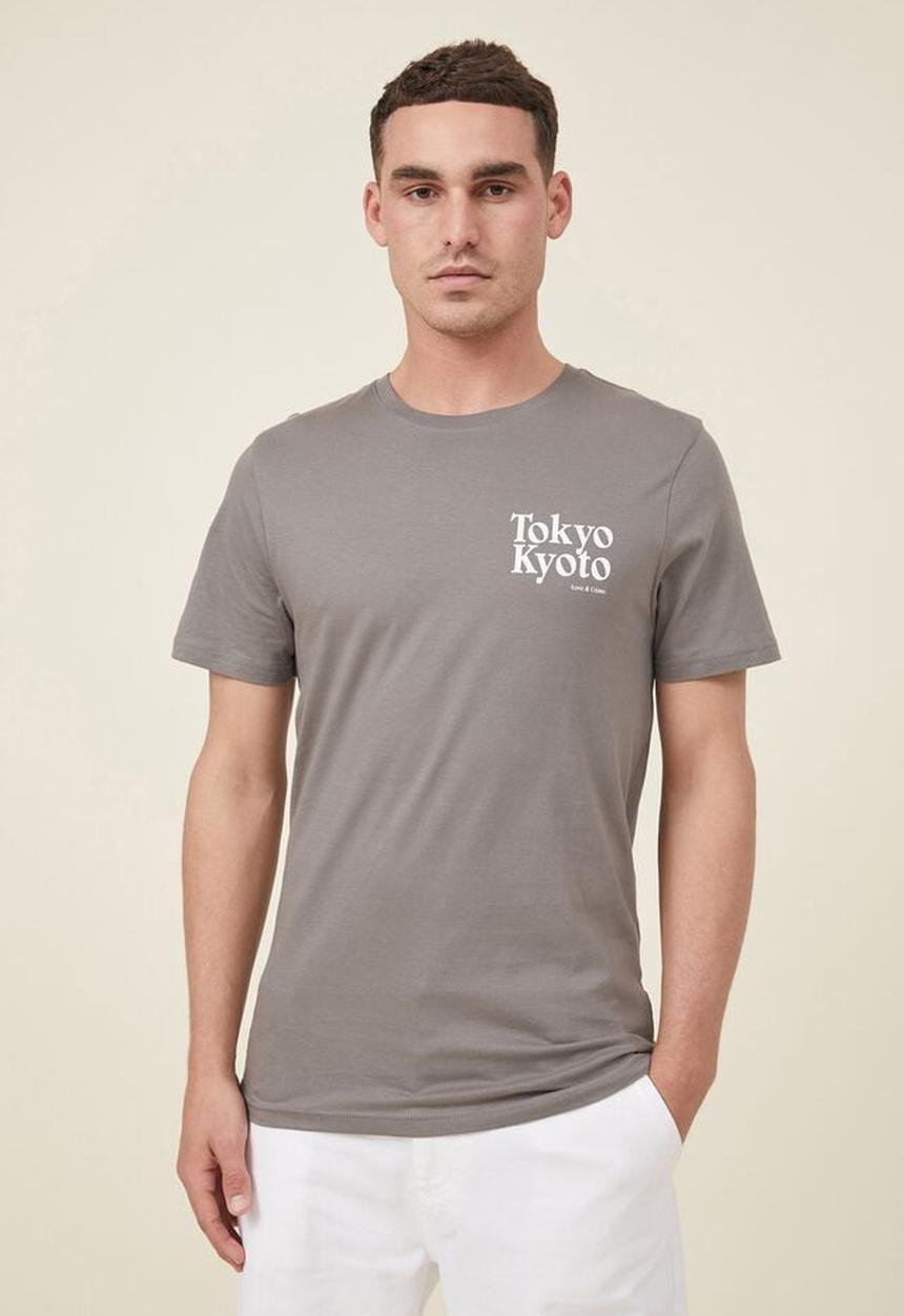 Cotton On - Tbar text T-shirt - slate stone/tokyo kyoto