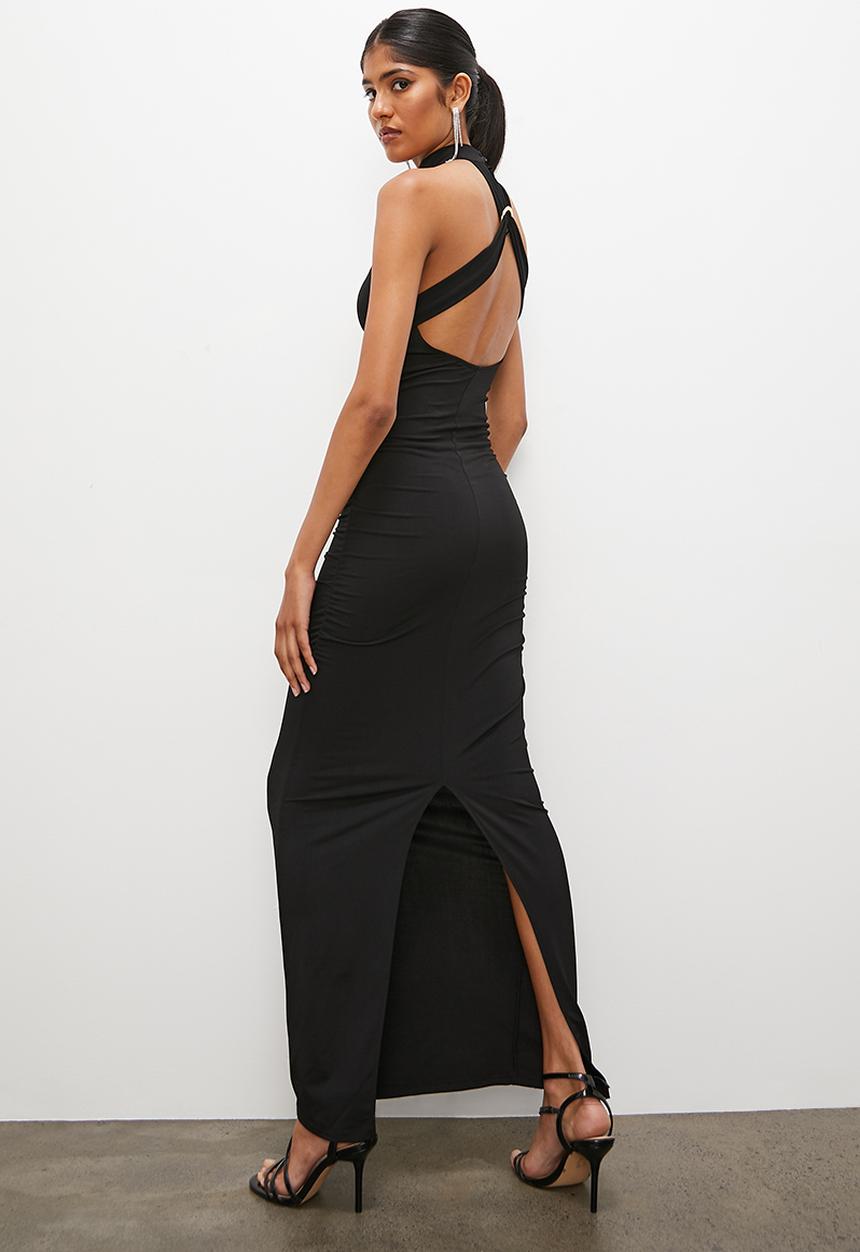 VELVET - High neck bodycon with ring back detail - black