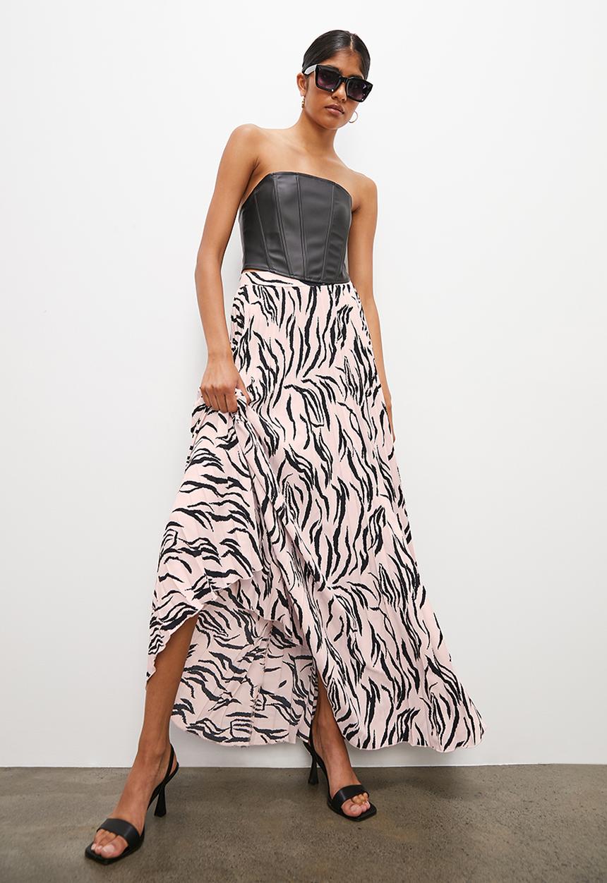 VELVET - Satin pleated maxi skirt - zebra print