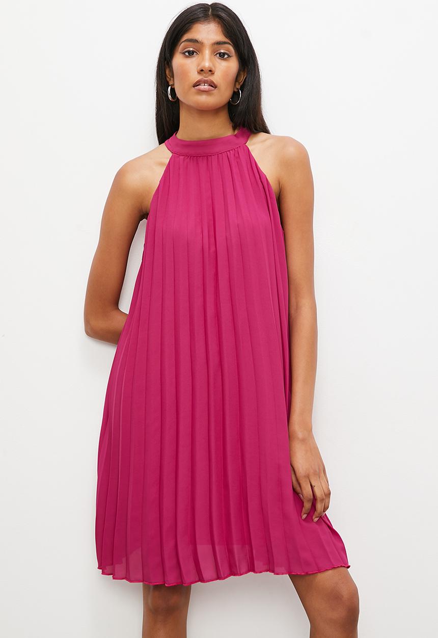 VELVET - Pleated halter mini trapeze dress with open back - hot magenta