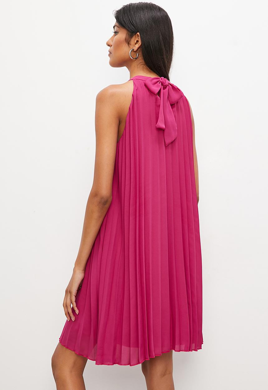VELVET - Pleated halter mini trapeze dress with open back - hot magenta