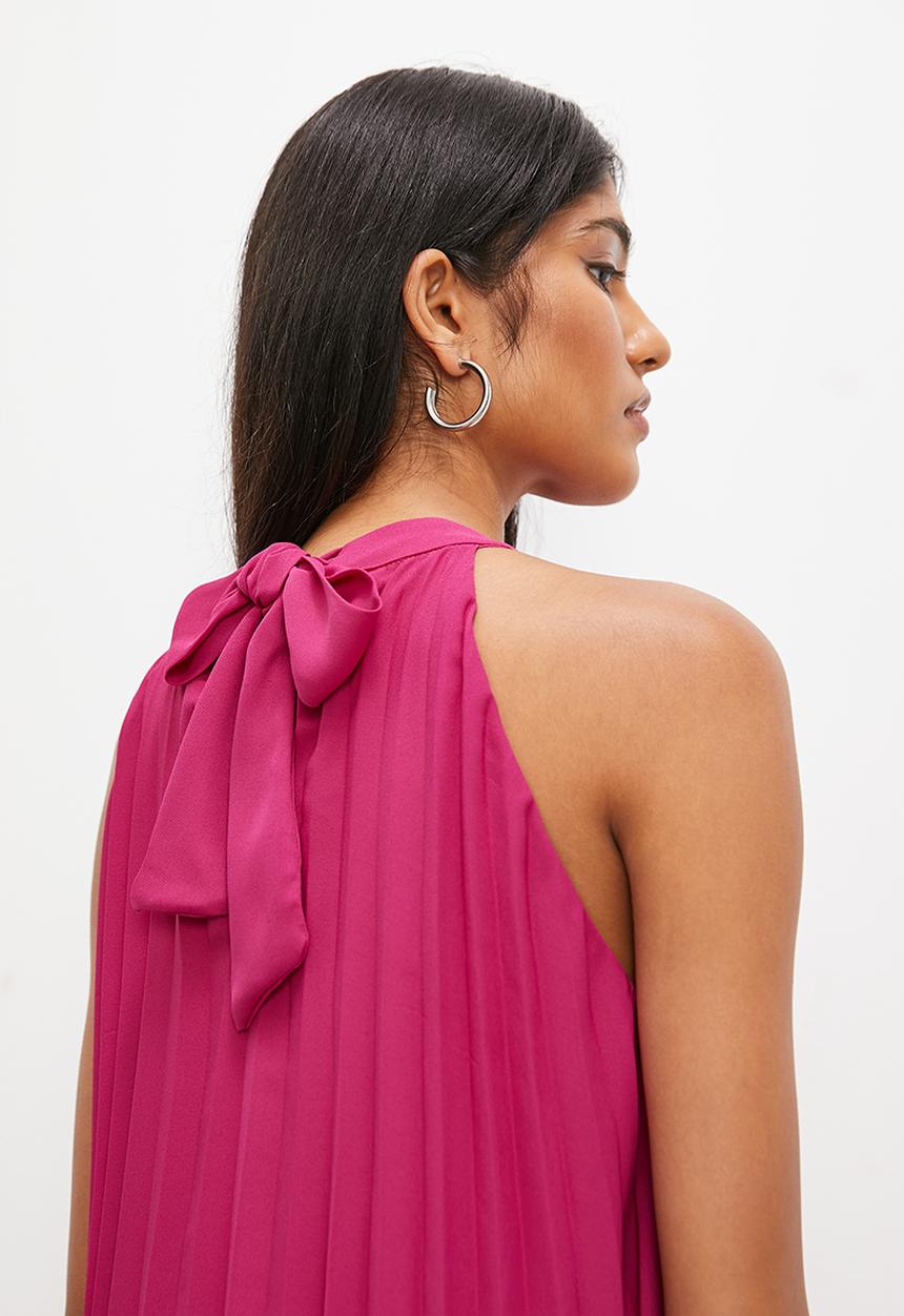 VELVET - Pleated halter mini trapeze dress with open back - hot magenta
