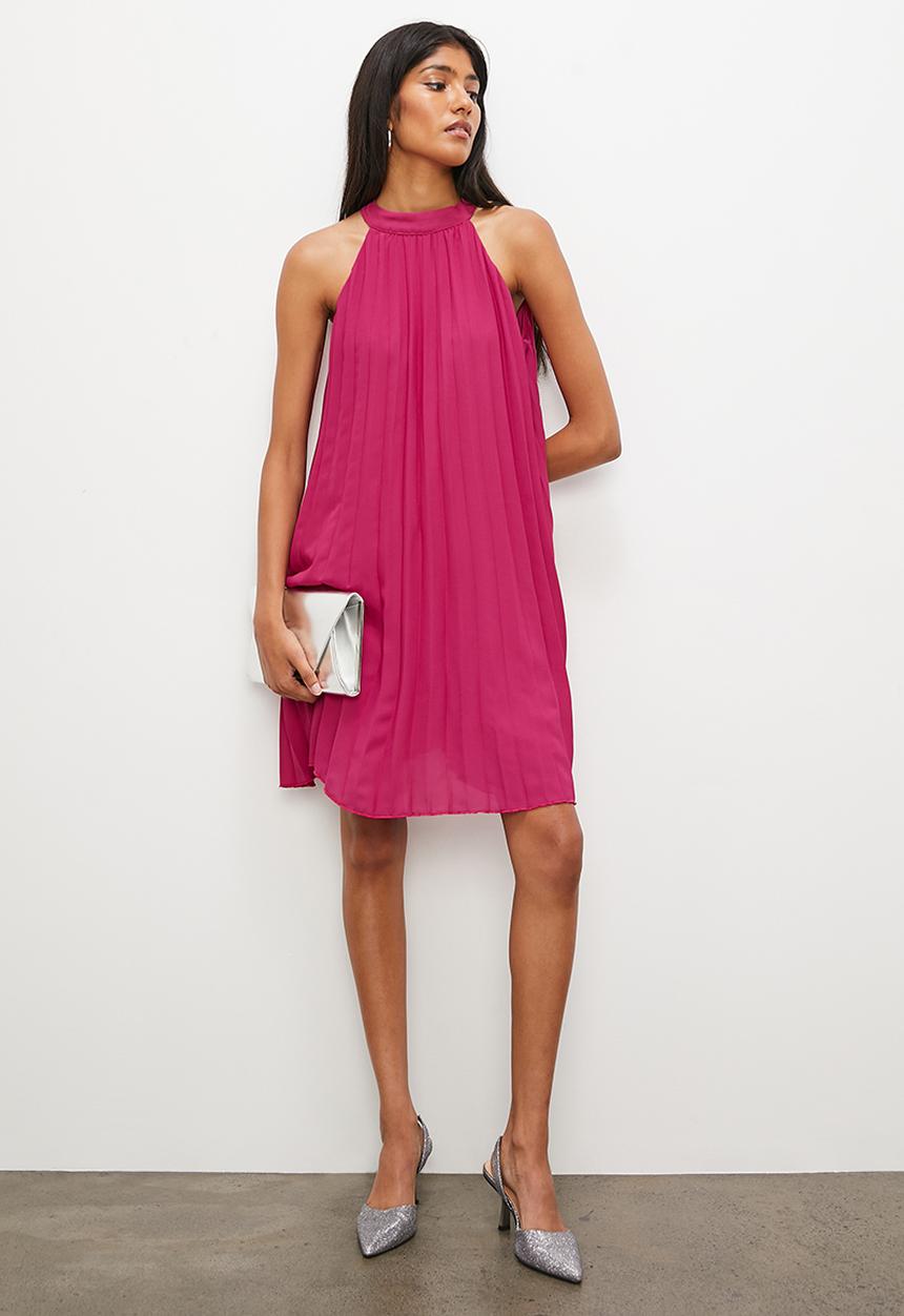 VELVET - Pleated halter mini trapeze dress with open back - hot magenta