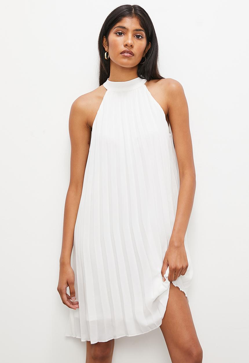 VELVET - Pleated halter mini trapeze dress with open back - ivory
