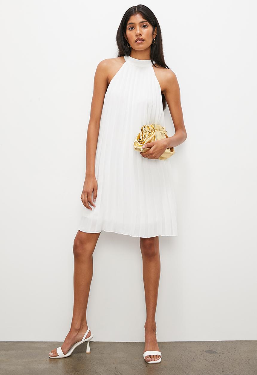 VELVET - Pleated halter mini trapeze dress with open back - ivory
