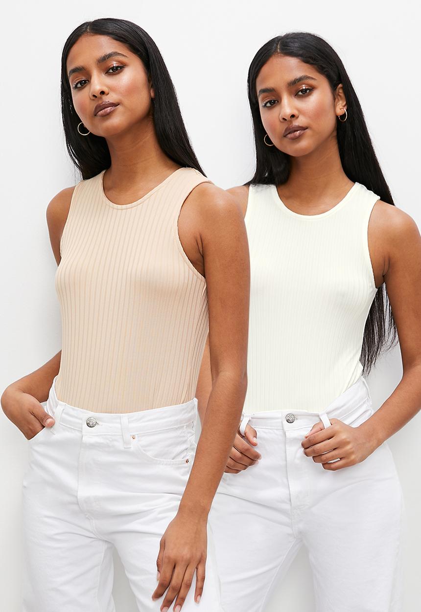Superbalist - 2 Pack wide poly rib hi neck cutaway bodysuit - stone & milk