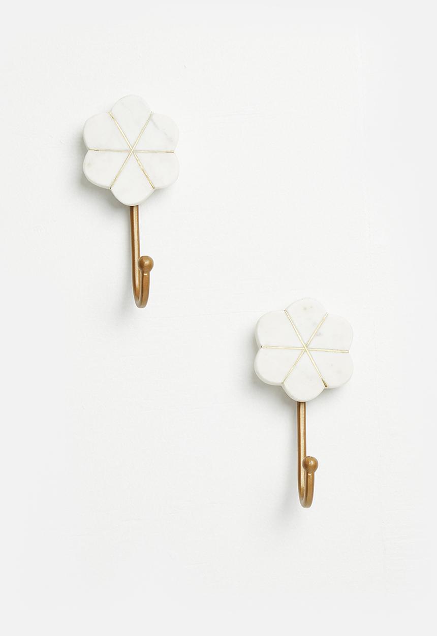 Sixth Floor - Flower marble hook set of 2 - white & gold