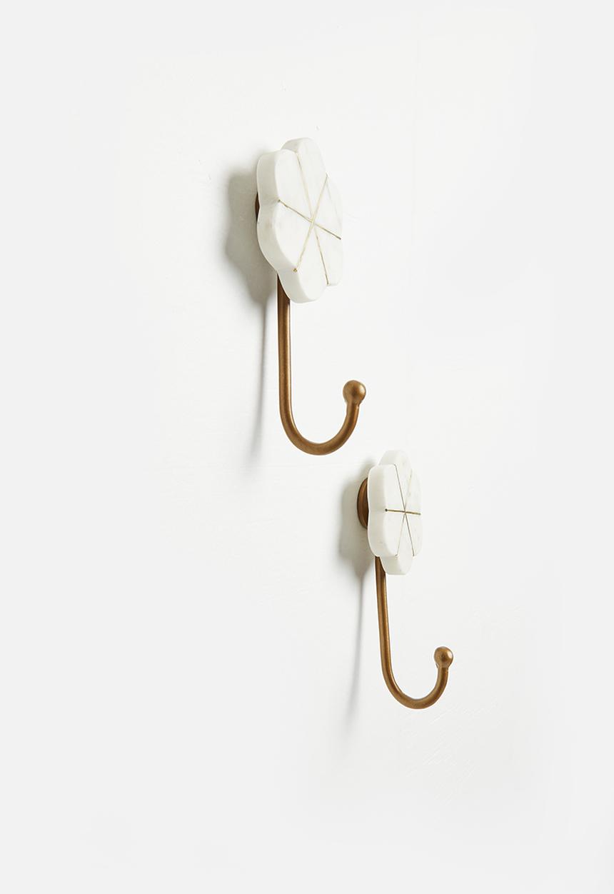 Sixth Floor - Flower marble hook set of 2 - white & gold