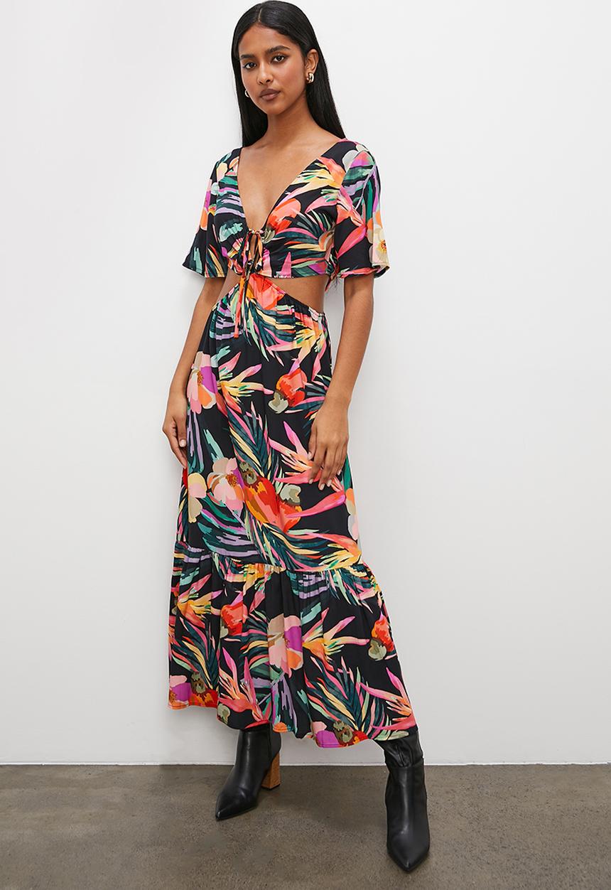 VELVET - Printed midi dress with cut out detail - tropical black