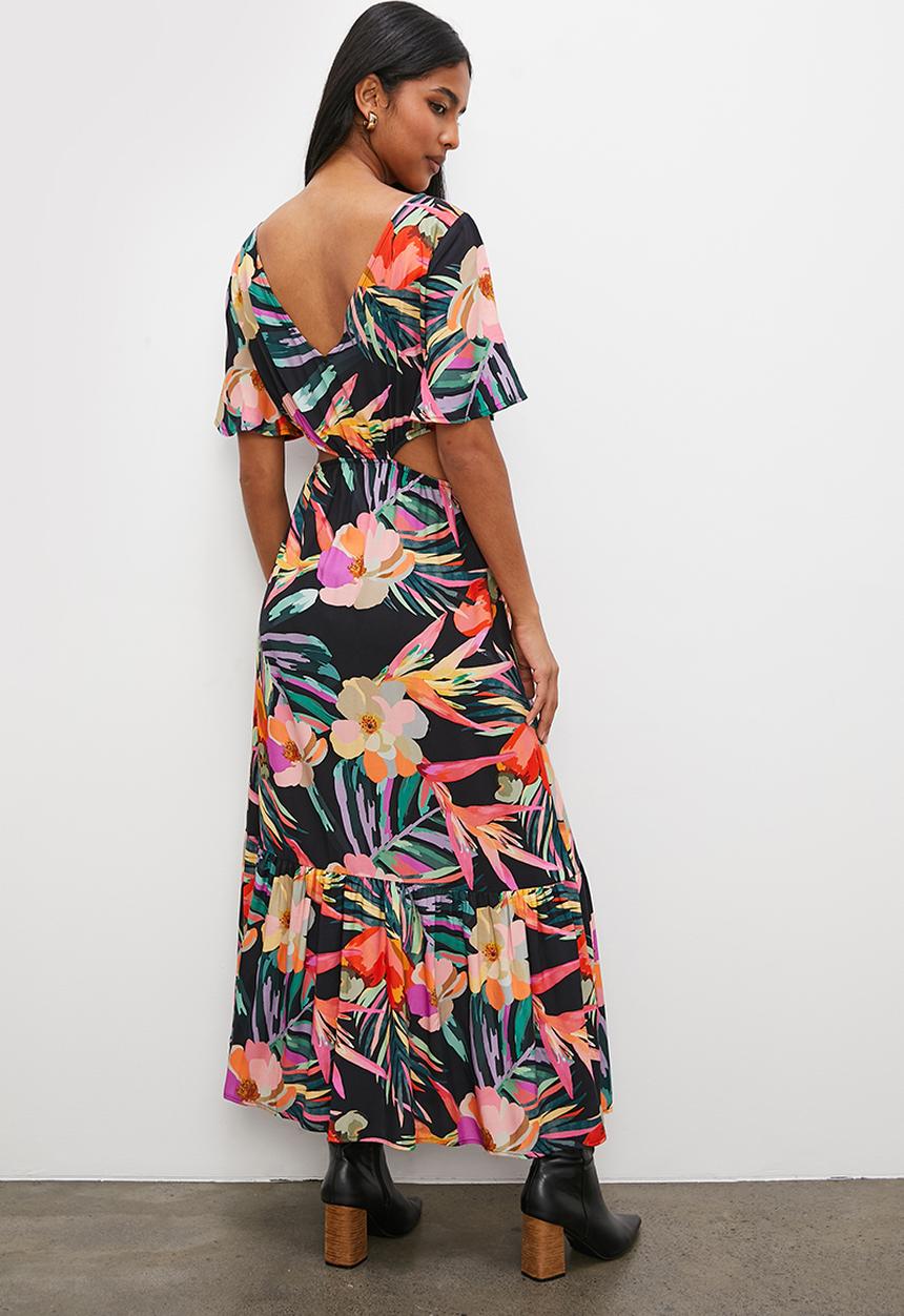 VELVET - Printed midi dress with cut out detail - tropical black