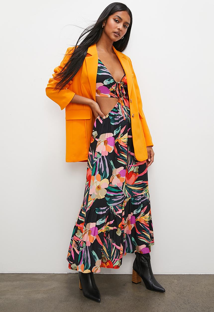 VELVET - Printed midi dress with cut out detail - tropical black