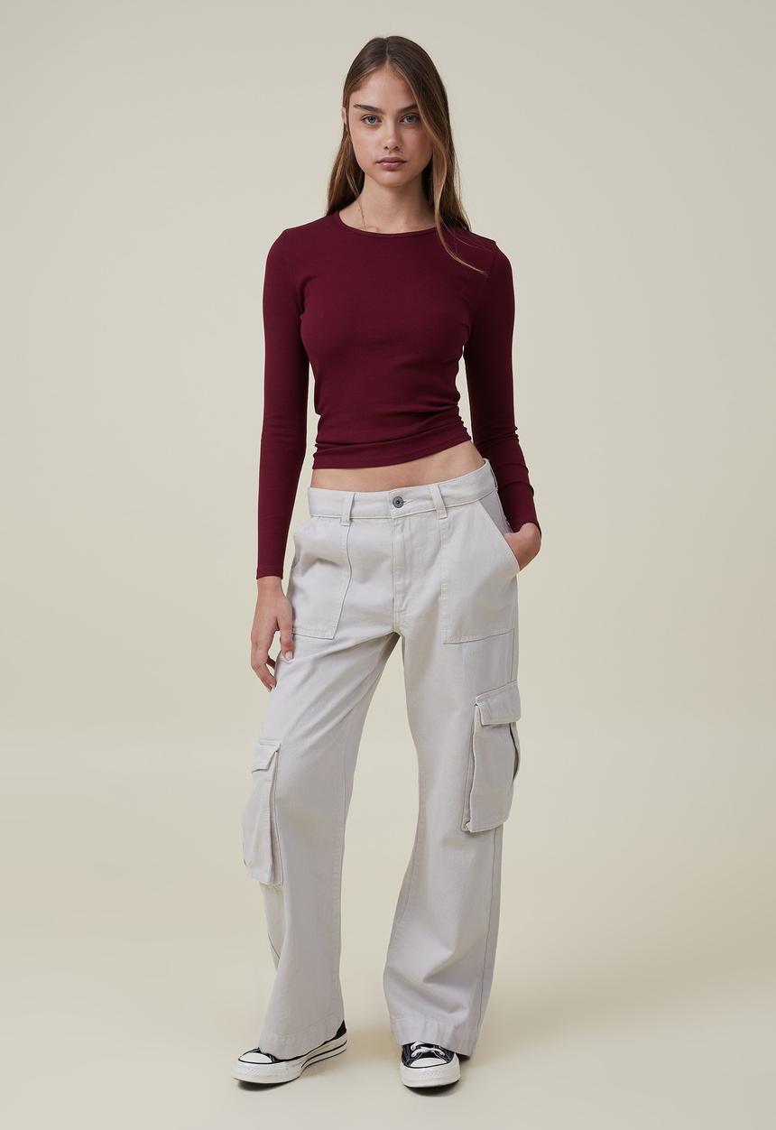 Cotton On - The one organic rib crew long sleeve top - sangria