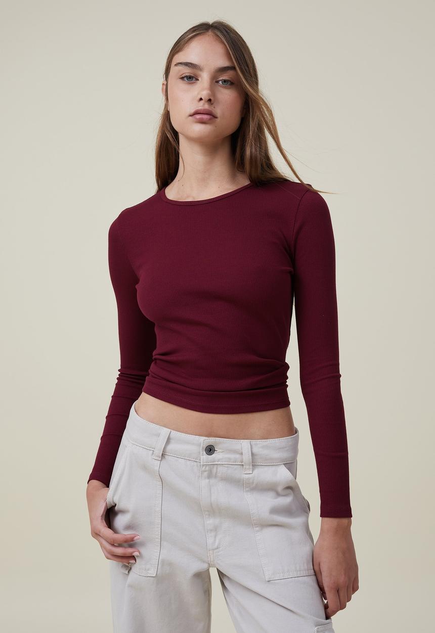Cotton On - The one organic rib crew long sleeve top - sangria