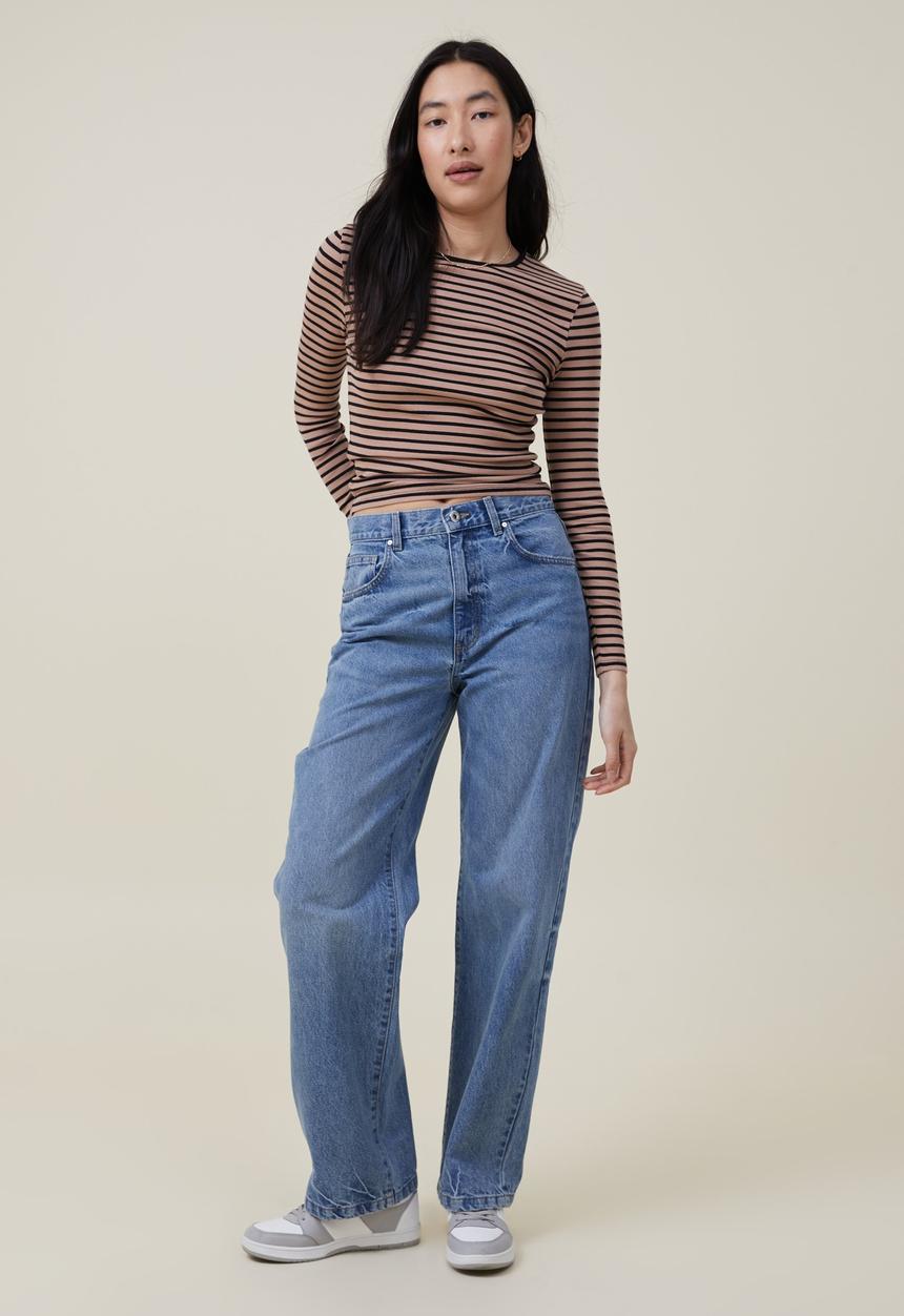 Cotton On - The one organic rib crew long sleeve top - mazzy stripe chestnut