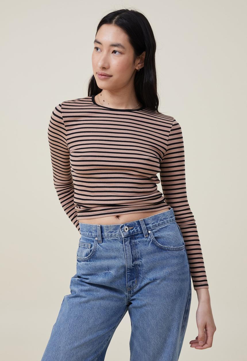 Cotton On - The one organic rib crew long sleeve top - mazzy stripe chestnut