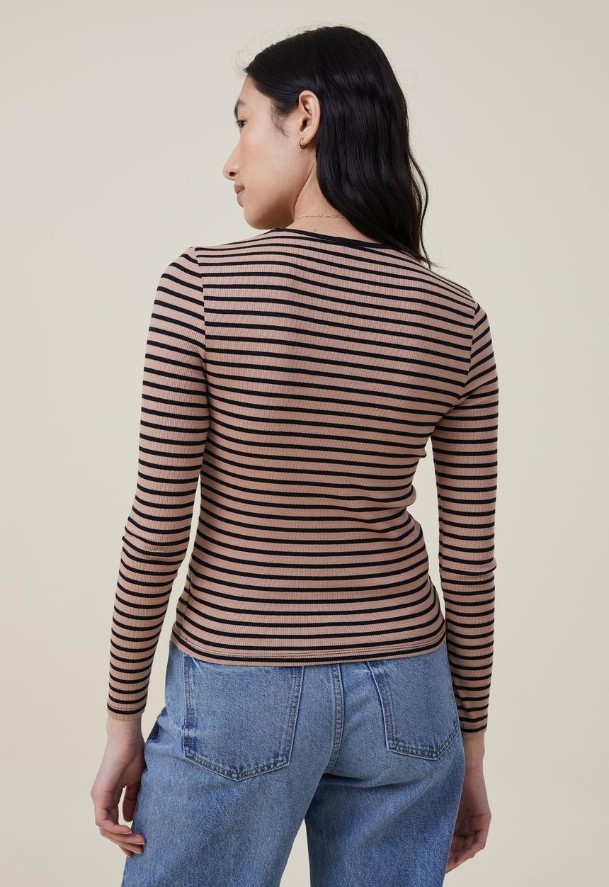 Cotton On - The one organic rib crew long sleeve top - mazzy stripe chestnut