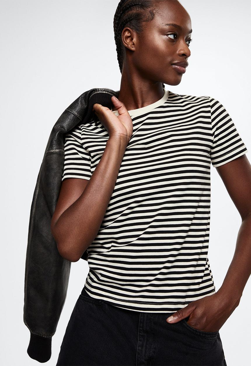 MANGO - T-shirt rayita - black