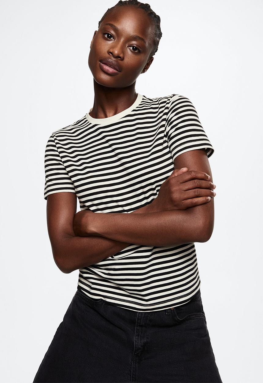 MANGO - T-shirt rayita - black