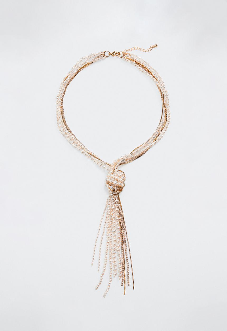 MANGO - Combined knot pearl necklace - gold