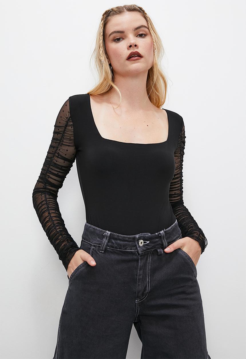 Blake - Squareneck mesh sleeve bodysuit - black