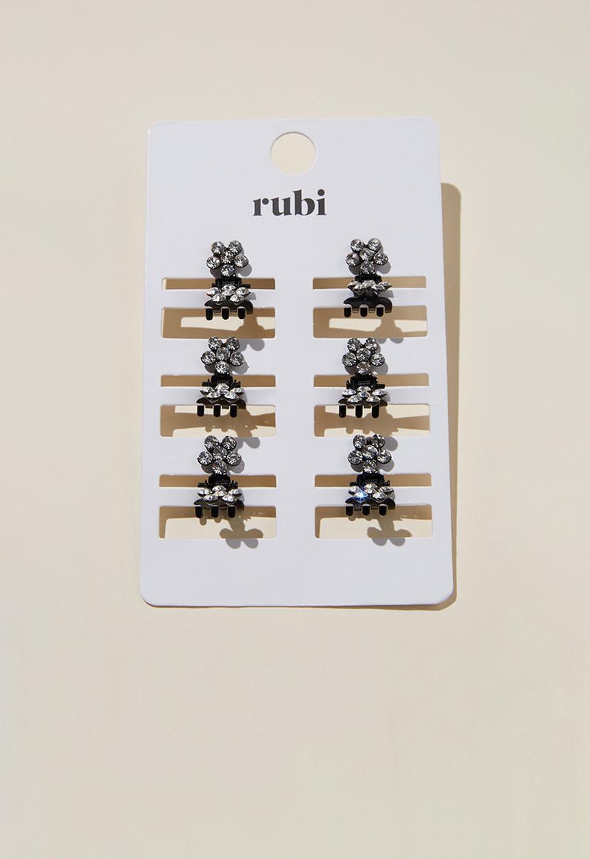 Rubi - 6 Pack micro dia stone hair snaps - black & silver