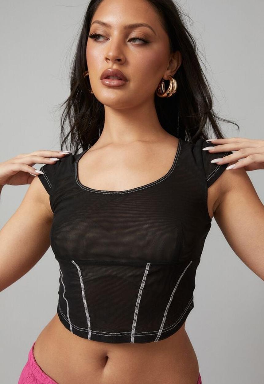 Factorie - Short sleeve mesh corset - black/white