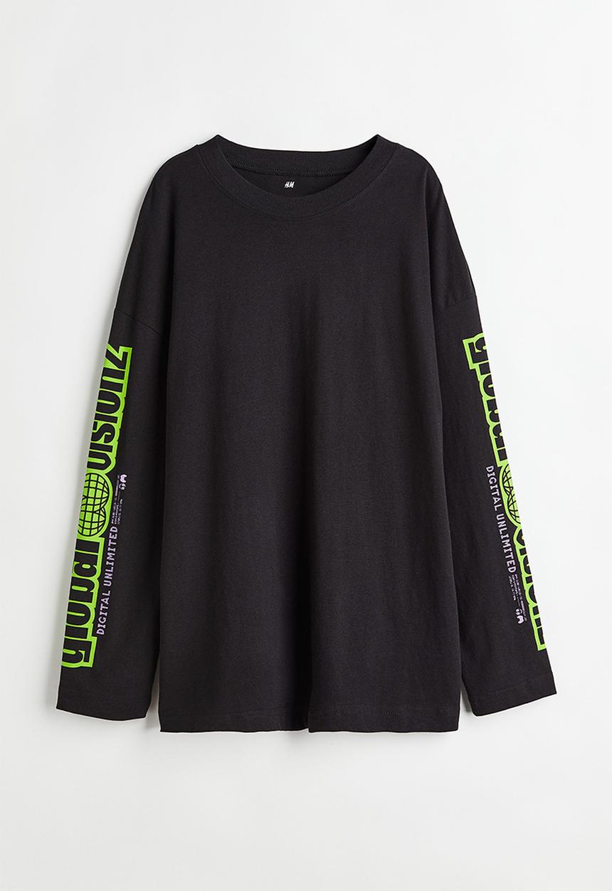 H&M - Print-motif jersey top - black/global visionz