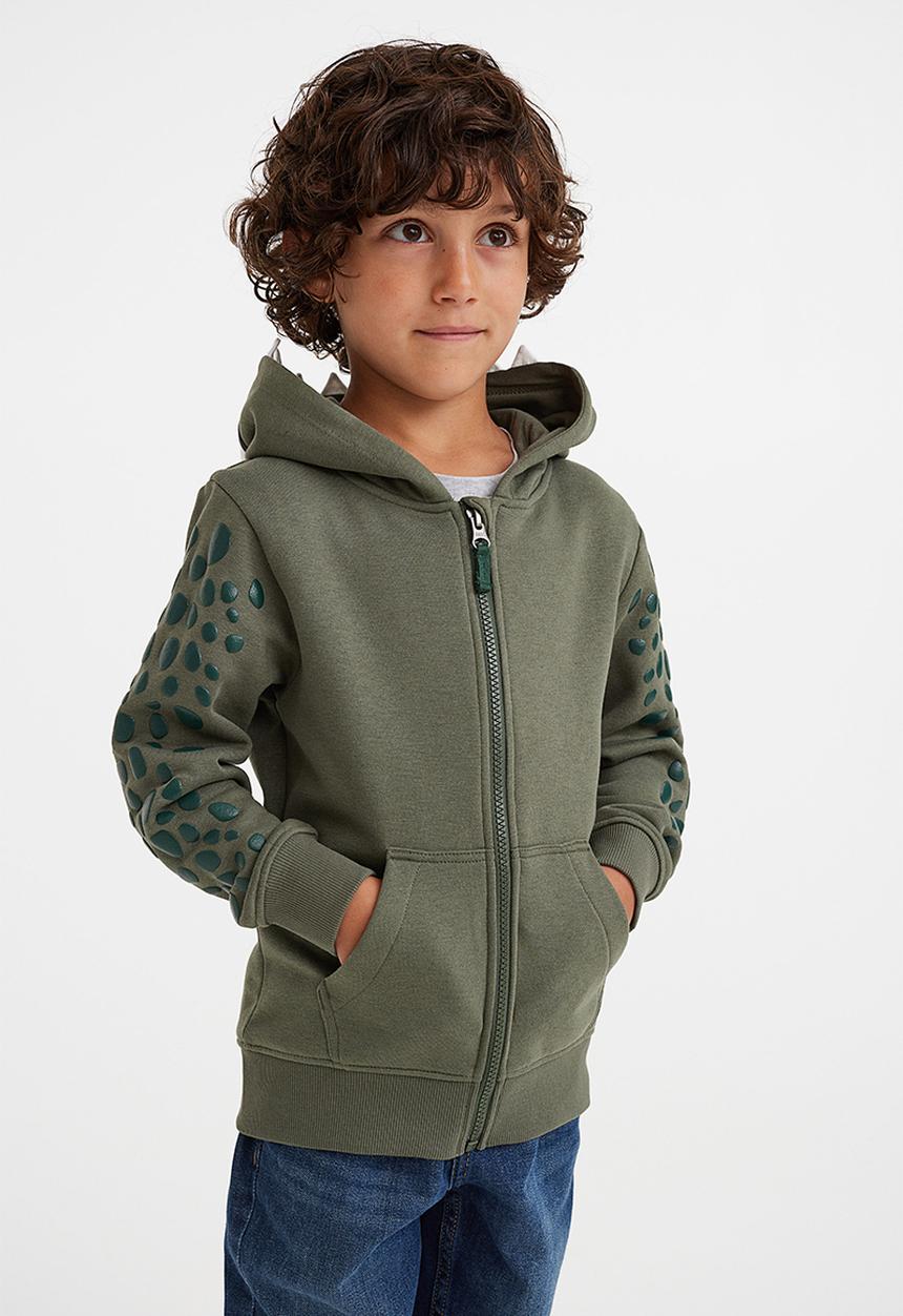 H&M - Appliquéd zip through hoodie - khaki green/dinosaur