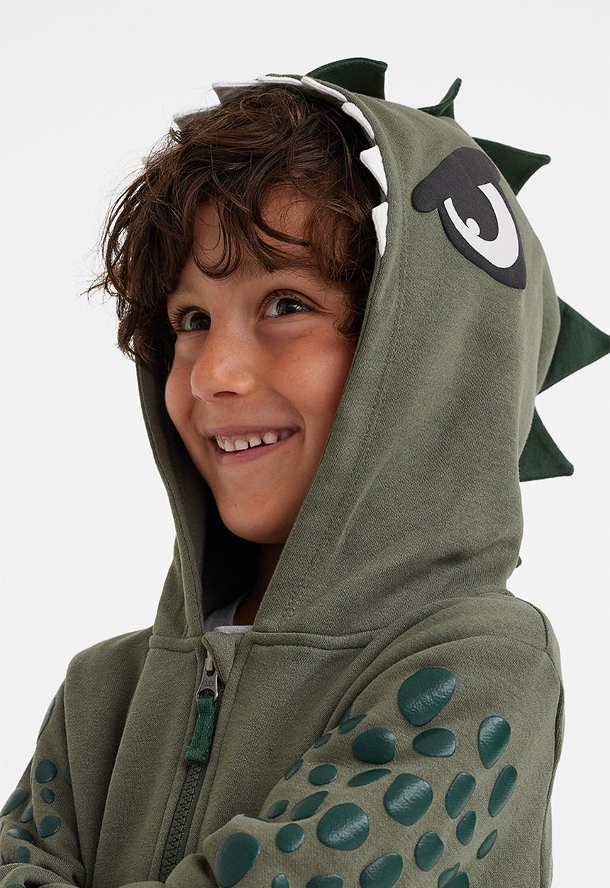 H&M - Appliquéd zip through hoodie - khaki green/dinosaur