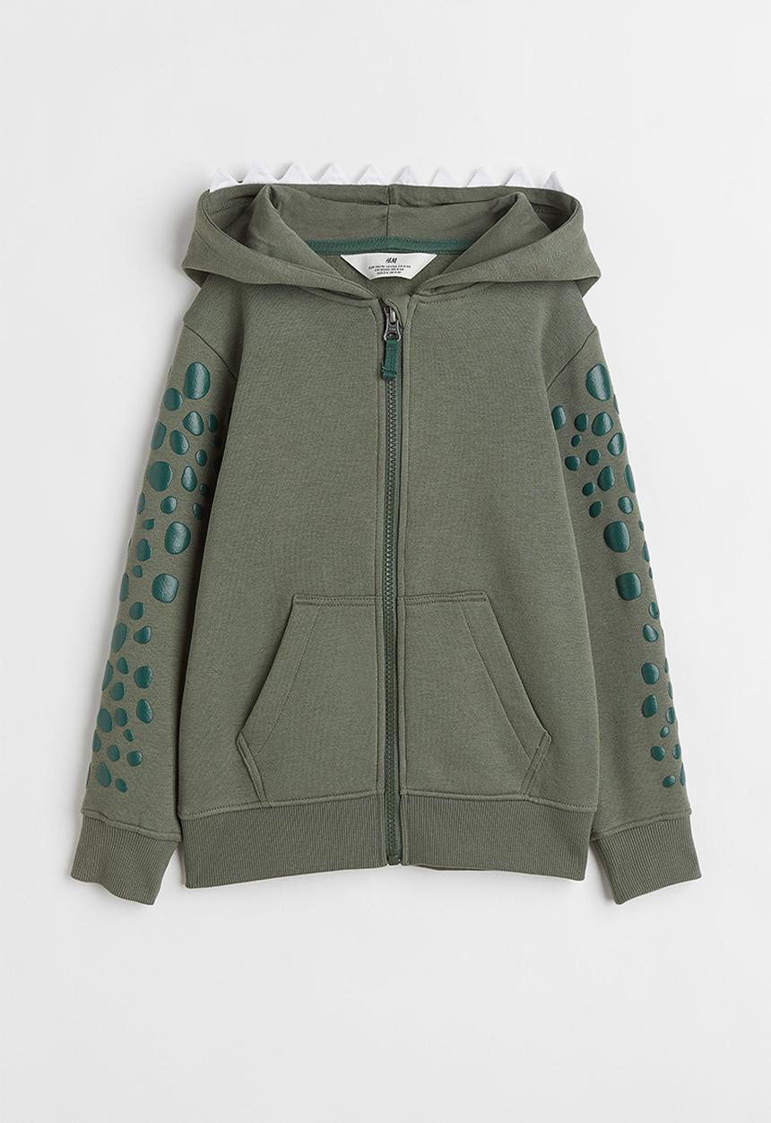 H&M - Appliquéd zip through hoodie - khaki green/dinosaur