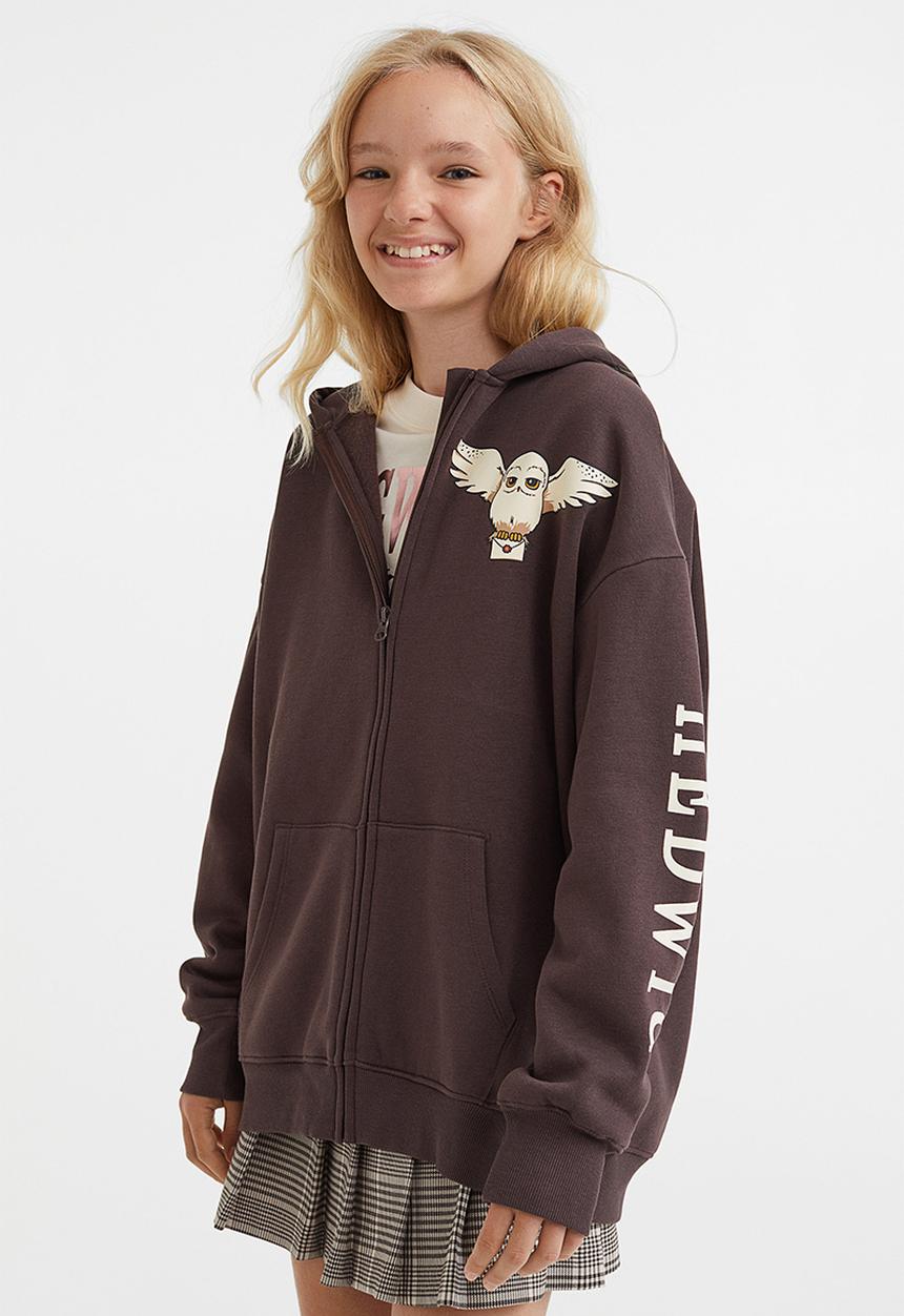 H. M Oversized printed zip-through hoodie - dark brown/harry potter