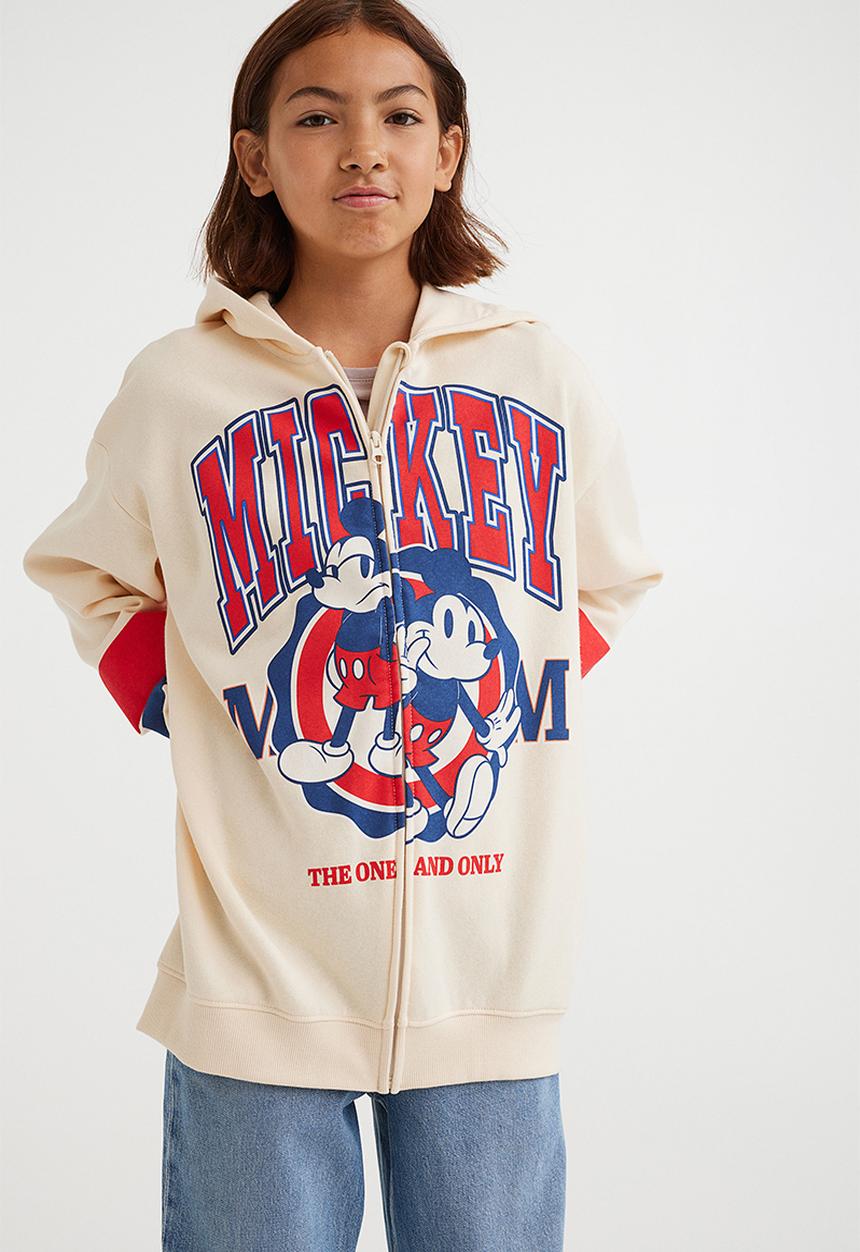 H&M - Oversized printed zip through hoodie - light beige/mickey mouse