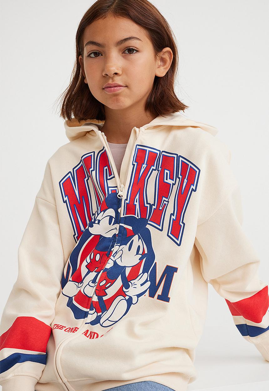 H&M - Oversized printed zip through hoodie - light beige/mickey mouse