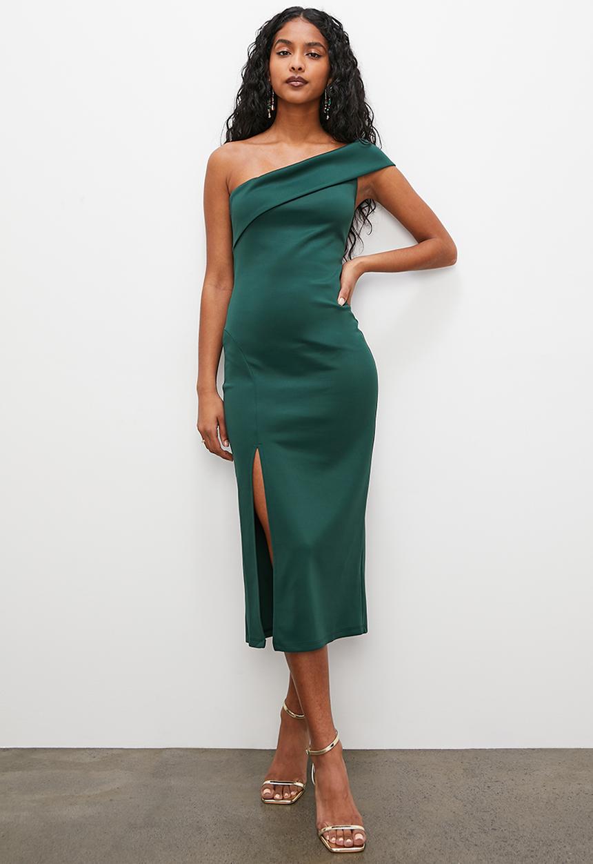 VELVET - Off the shoulder formal bodycon dress with slit - emerald