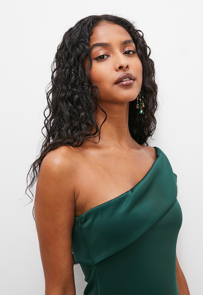 VELVET - Off the shoulder formal bodycon dress with slit - emerald