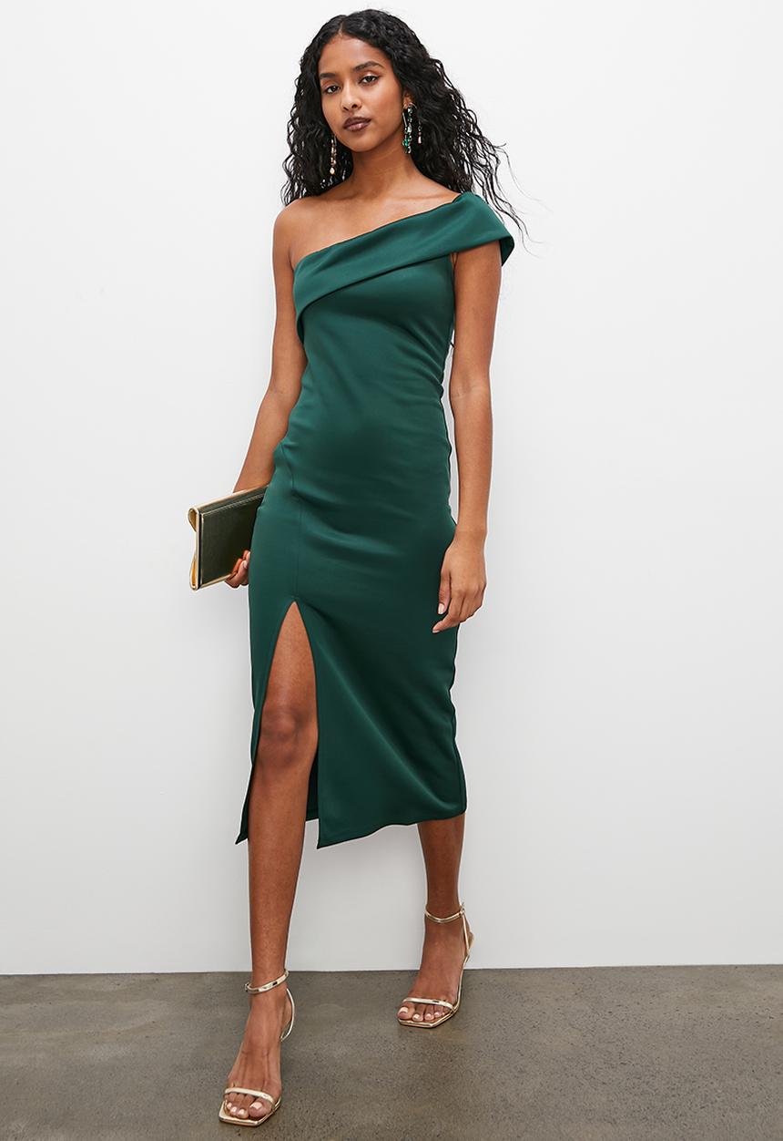 VELVET - Off the shoulder formal bodycon dress with slit - emerald